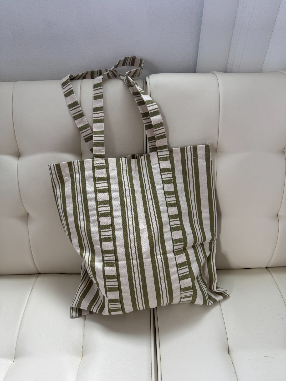 Sézane limited edition striped ecru olive khaki green cotton canvas tote NWOT