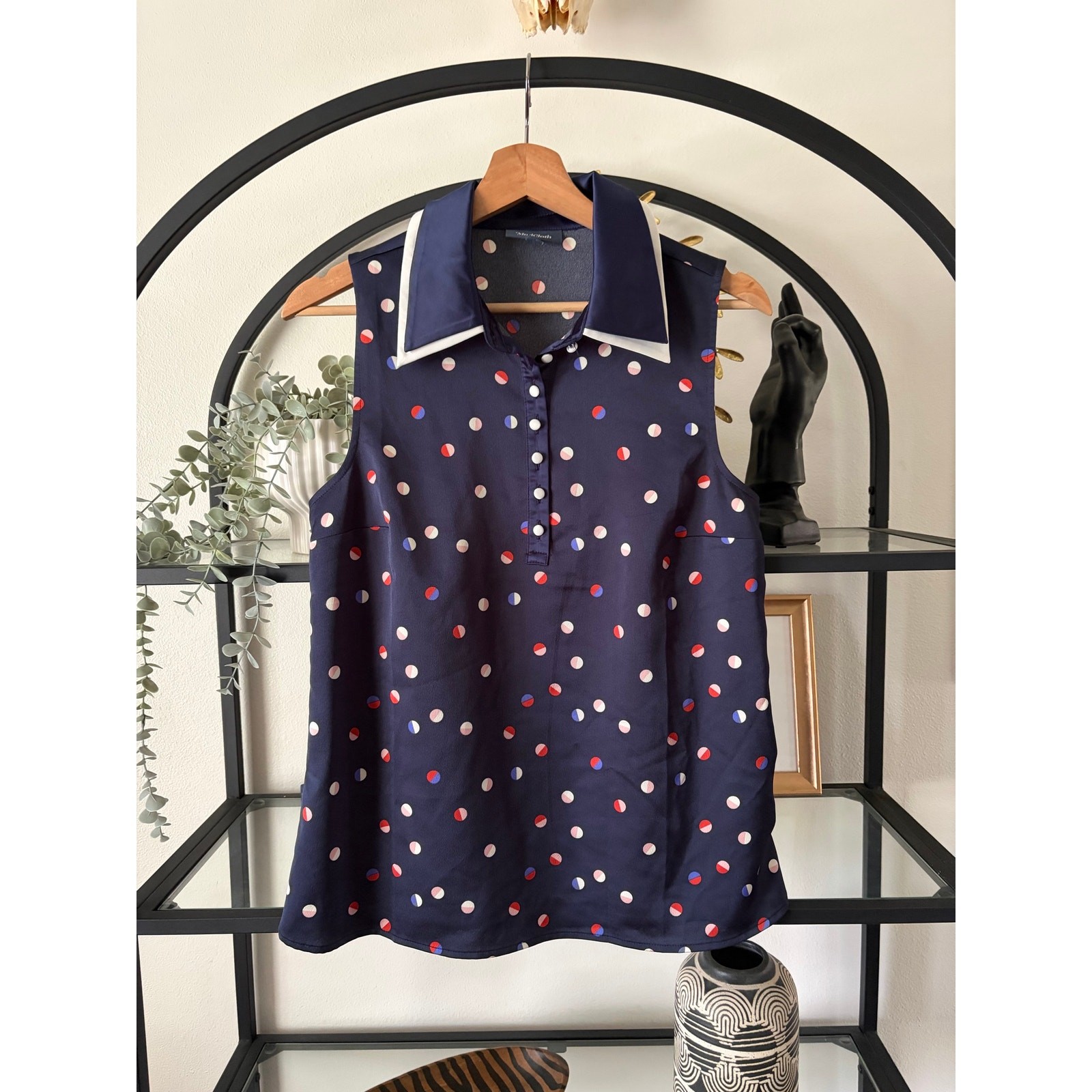 ModCloth Sleeveless Peter Pan Collar Blouse Womens Small Navy Polka Dot Retro