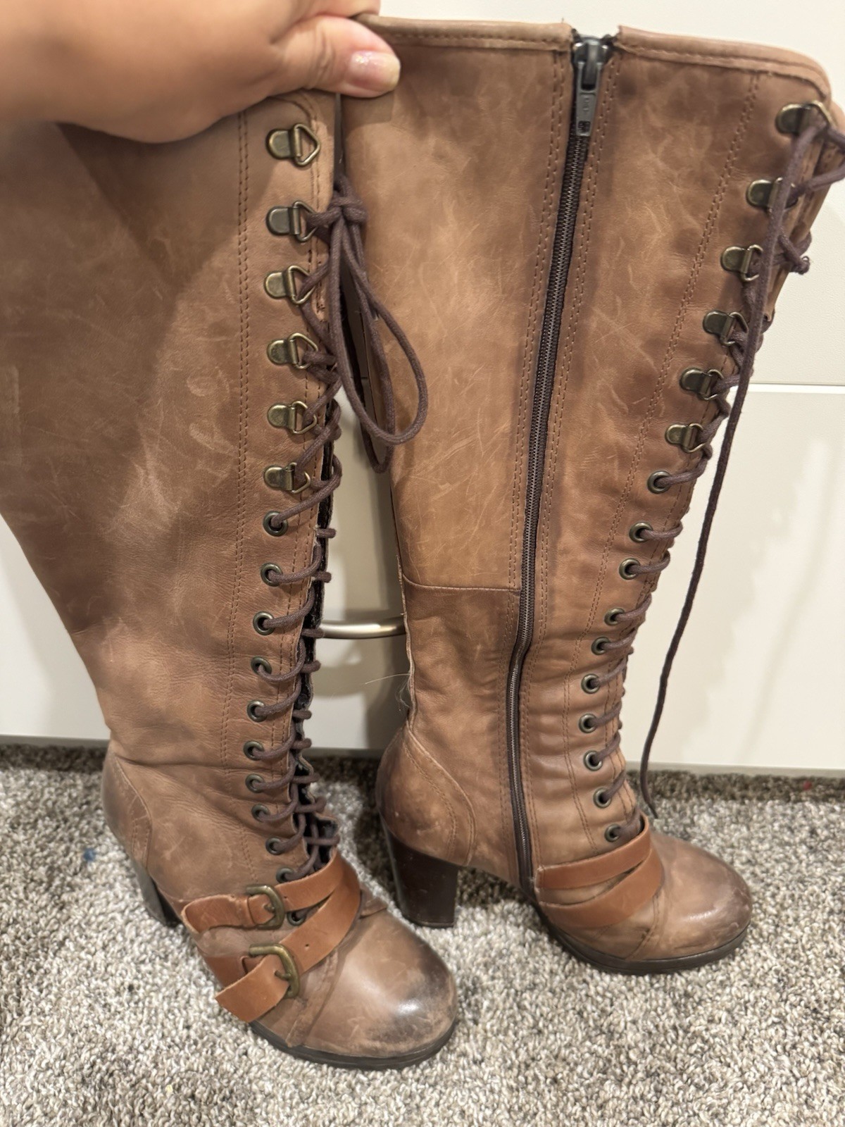 ALDO Women’s Brown Faux Leather Knee-High Riding Boots Round Toe Lace-Up 7