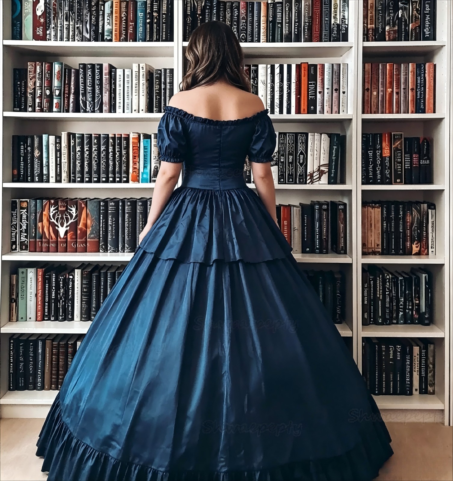 Navy Blue Off-Shoulder Satin Ball Gown Victorian Princess Renaissance Dress