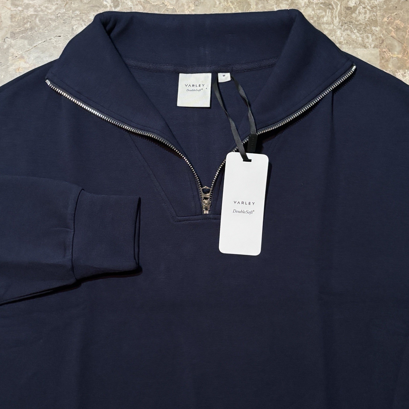 Varley Sweatshirt Womens Medium Blue Double Soft Knit Hawley Half Zip NEW
