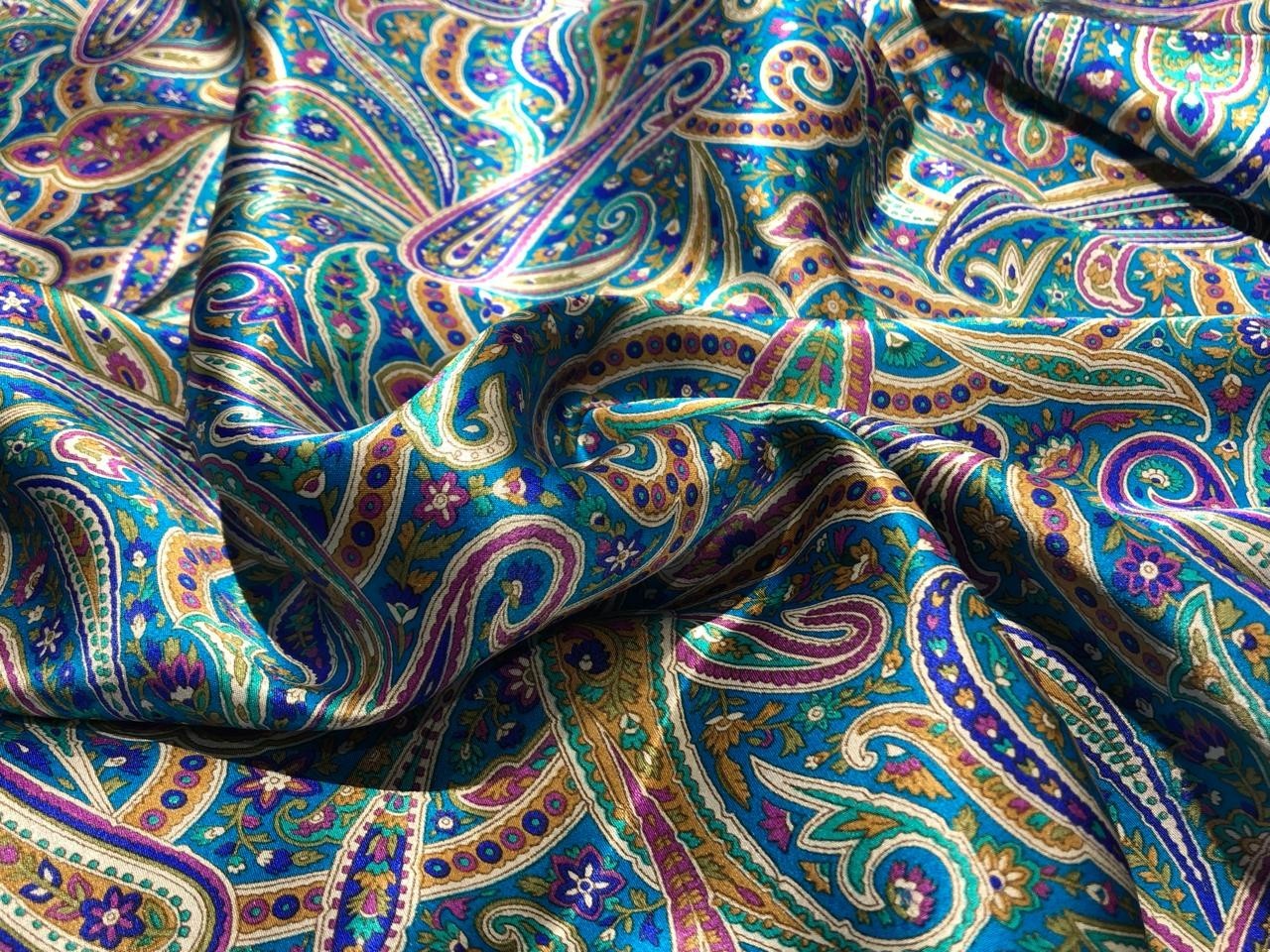 Vibrant Blue Multicolor Paisley Print 112cm Wide PURE SILK Satin Fabric