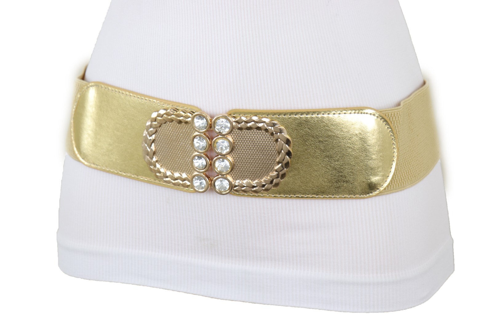 Women Gold Color Elastic Waistband Fabric Strap Fashion Belt Metal Buckle S M