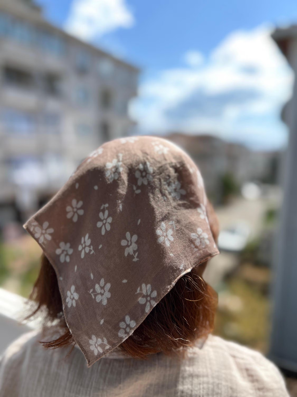 Taupe Floral Bandana Cream Flower Cotton Head Scarf Handmade Unique Boho