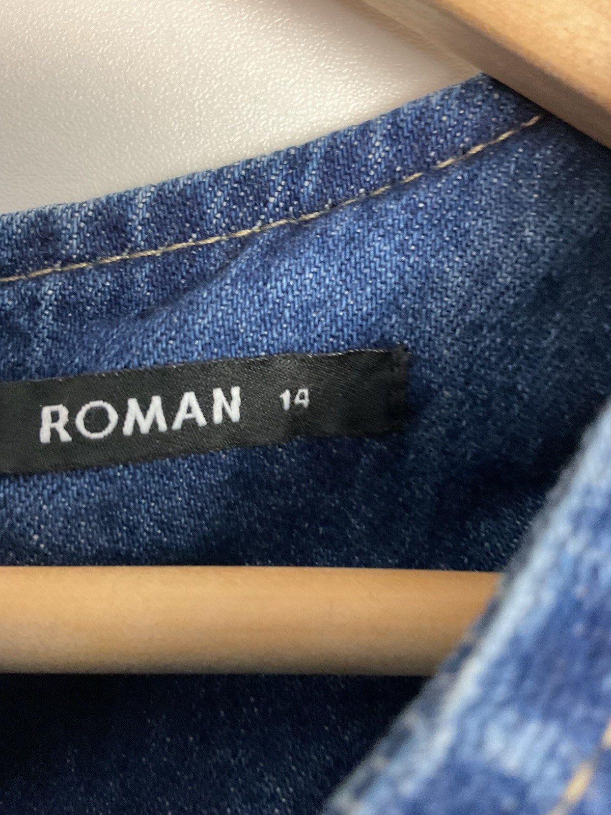 Roman Sleeveless Denim Dress UK 14 Blue Pockets Tunic A Line Knee Length Cotton