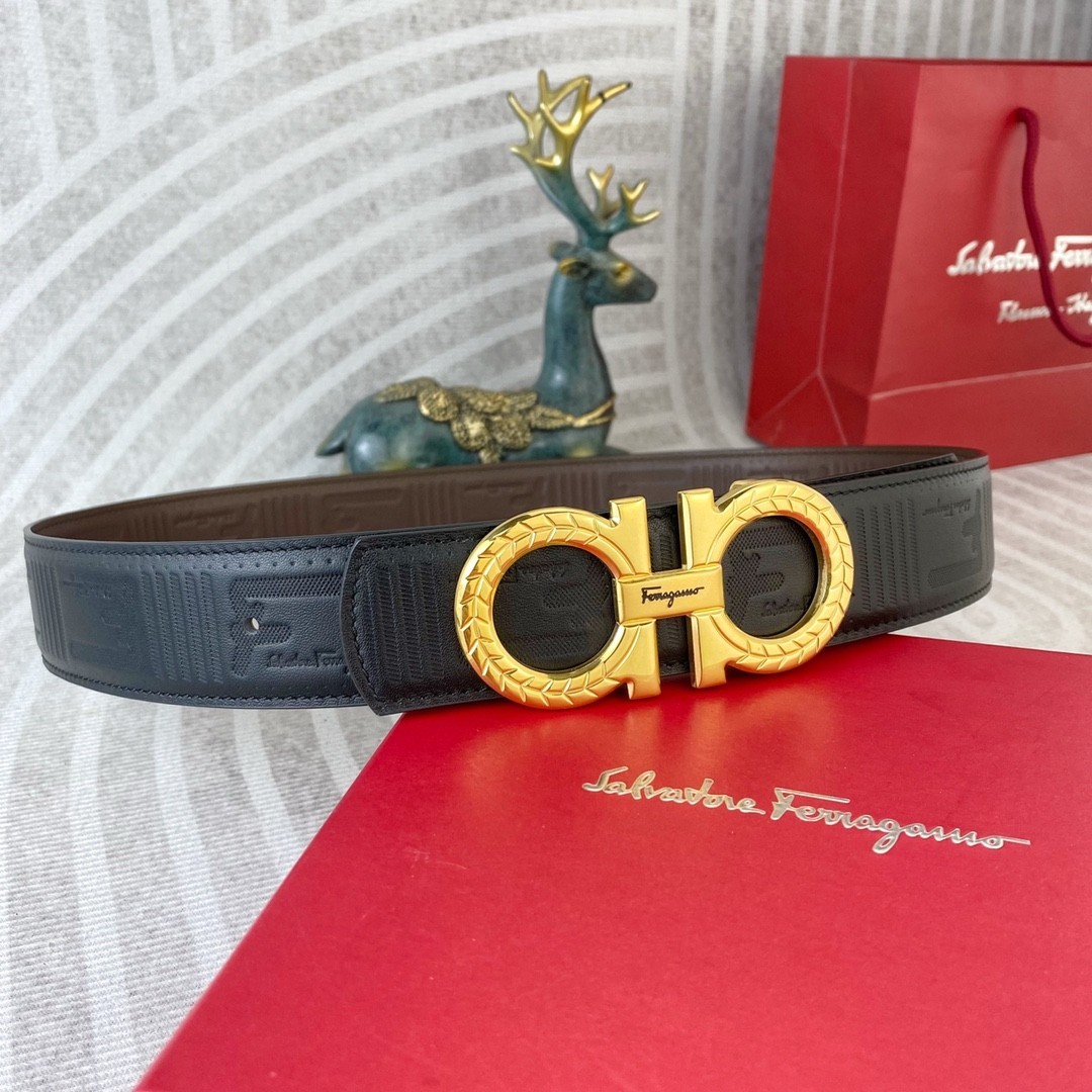 Ferragamo Handcrafted Leather Belt Reversible width 3.8cm/1.5inch Gold Buckle