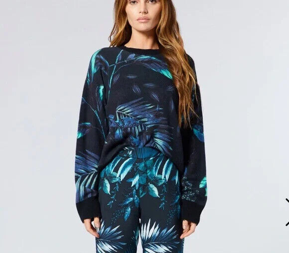 RTA Emma Cashmere Tropical Print Distressed Crew Neck Long Sleeve Sweater M $495