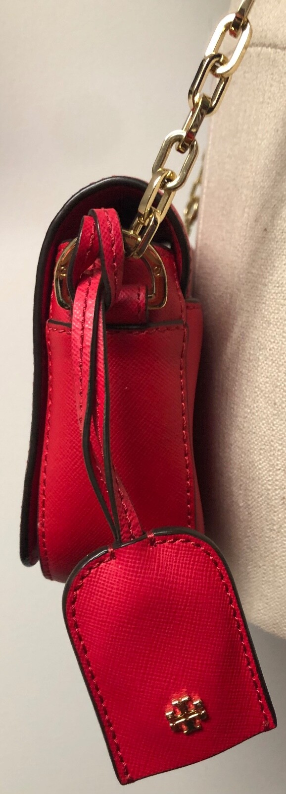 TORY BURCH EMERSON WOMEN’S CROSSBODY BAG BRILLIANT RED W GOLD TONE LOGO & CHAIN