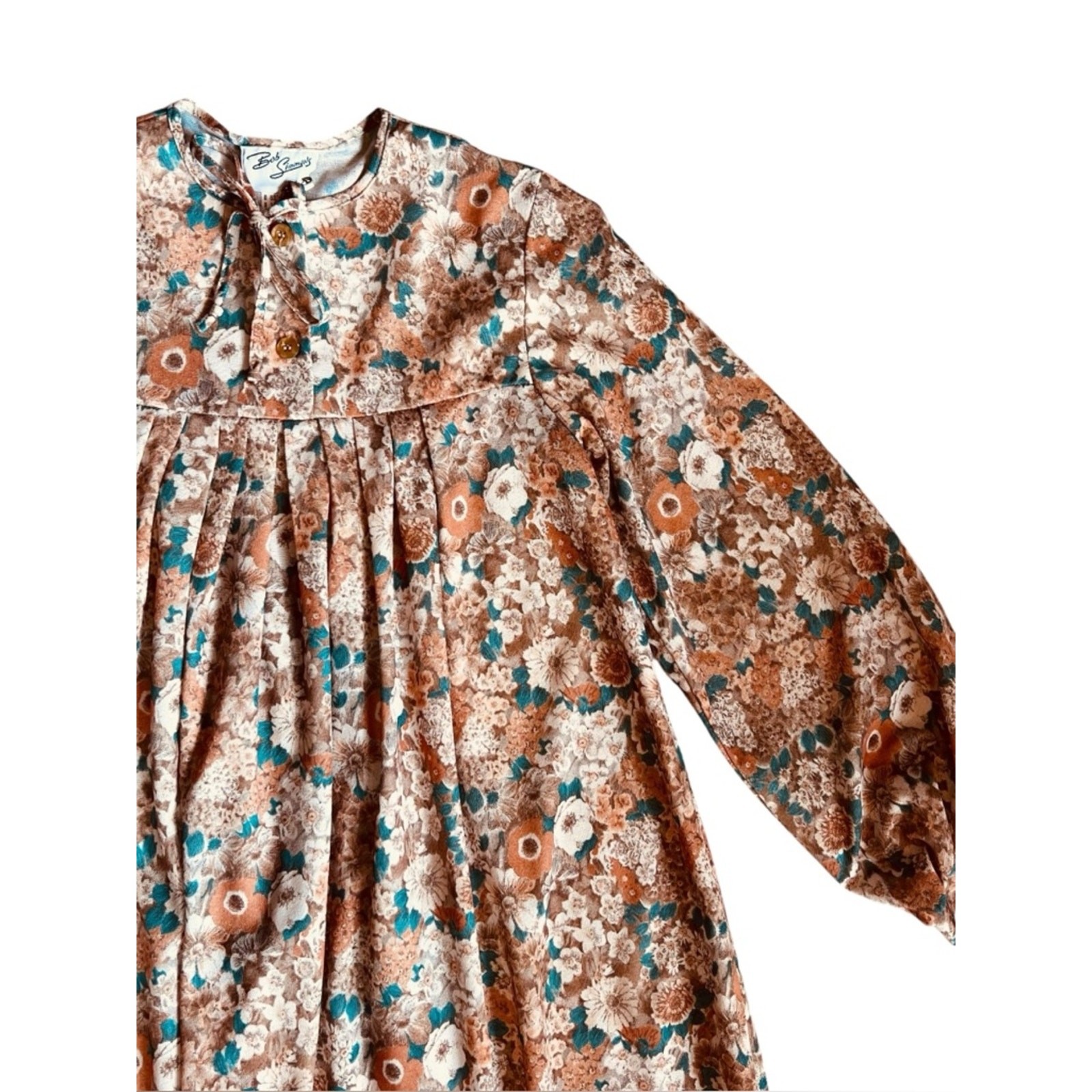 Vintage 70s Bob Simmons Women’s Sz S Tan Floral Ruffle Dress Midi Long Sleeves