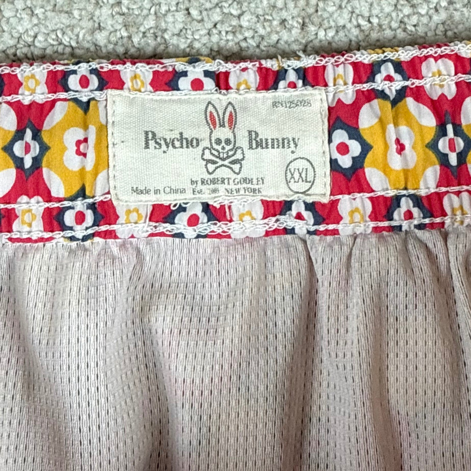 Psycho Bunny Mens 2XL Pink Floral Geometric 7″ Mesh Lined Swim Trunks Shorts
