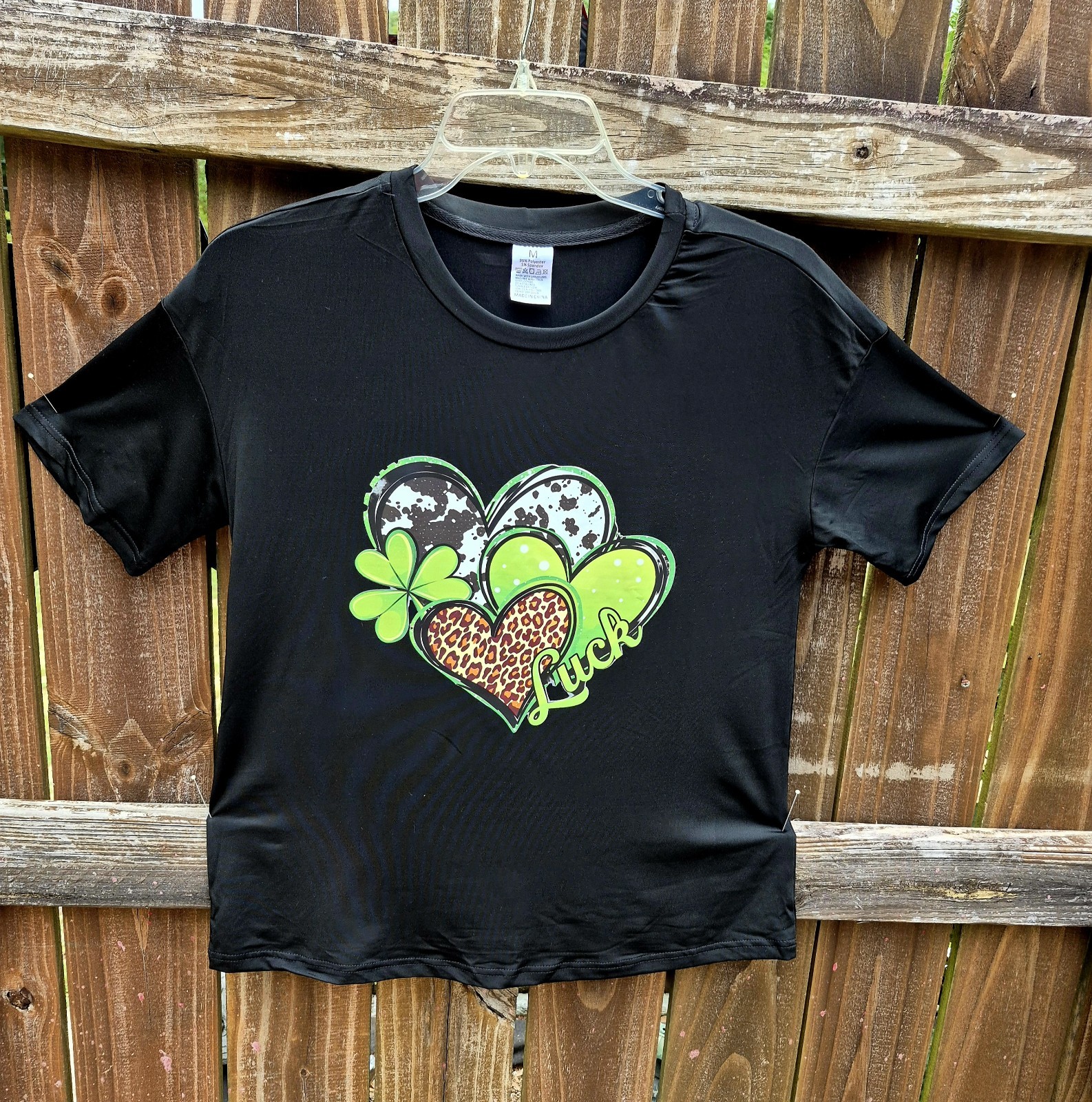 Shamrocks Luck Black Polyester Spandex T-Shirt Medium Unisex Graphic Tee Crew Ne