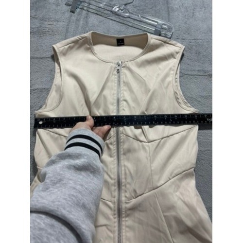Beige Sleeveless Front Zip Pleated Maxi Dress Corset Bodice Minimalist Neutral