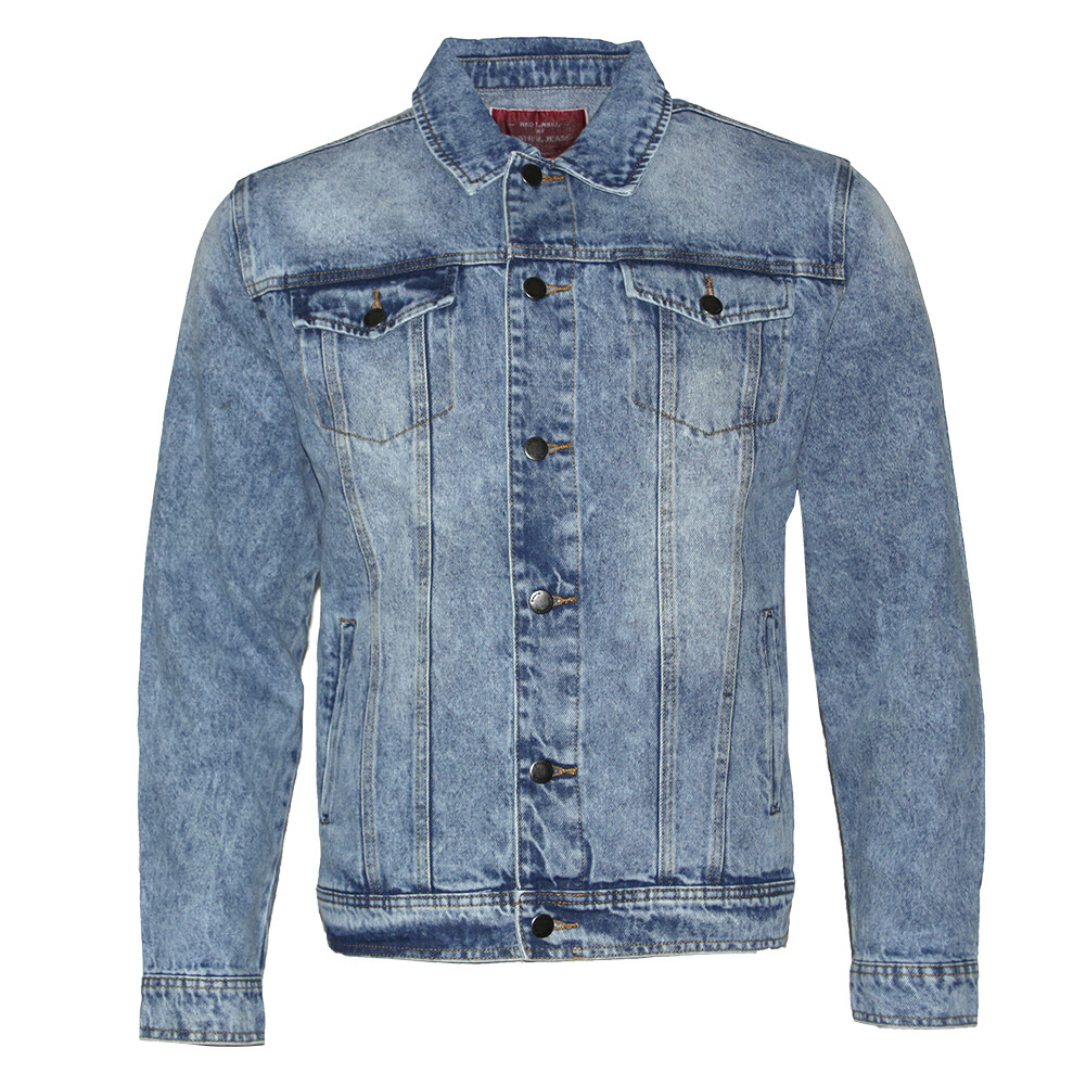 Mens Denim Jean Jacket Faded Premium Cotton Button Up Slim Fit Red Label