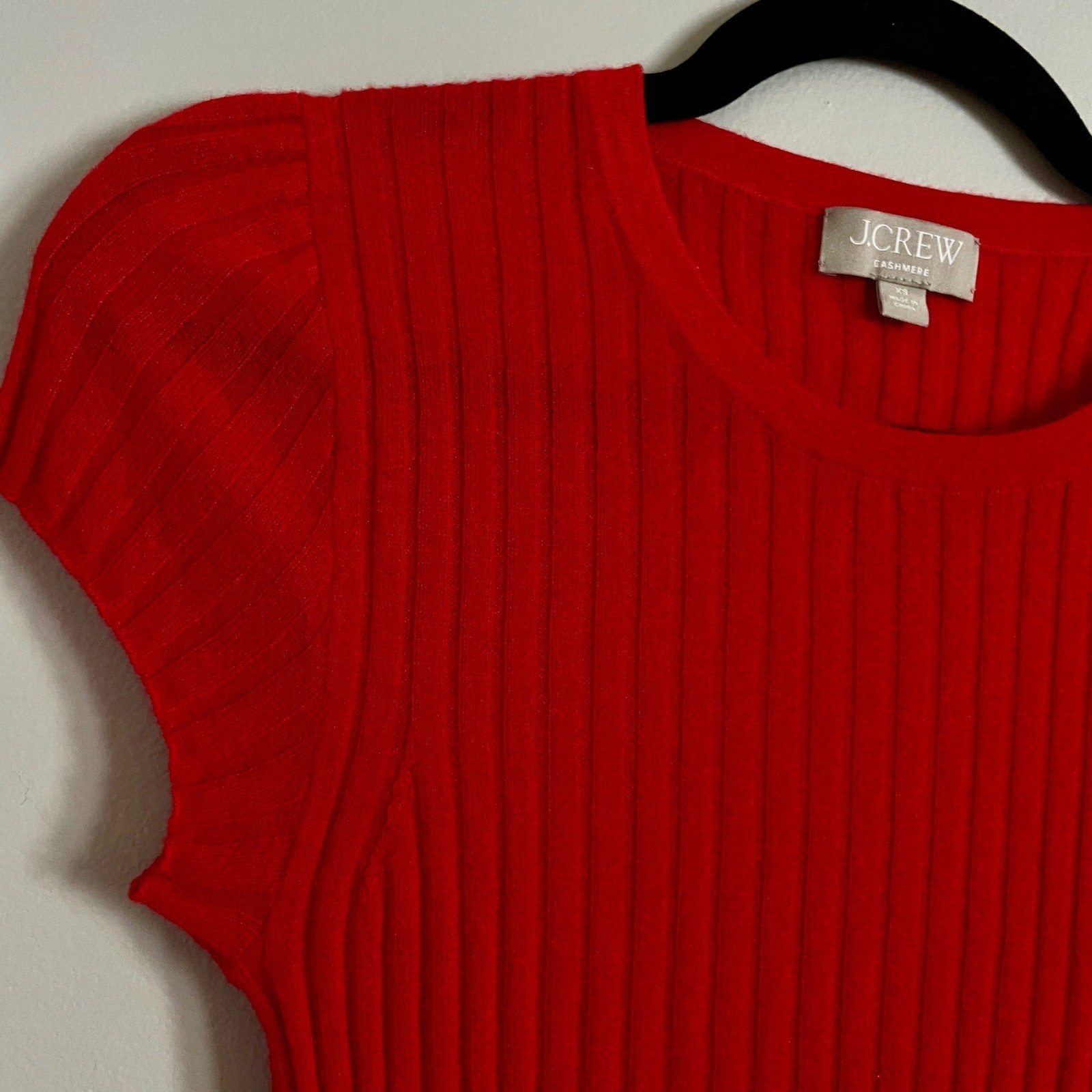 J.Crew Cashmere Sweater Women XS Red Ribbed Short Sleeve Crew Neck Classic Luxe