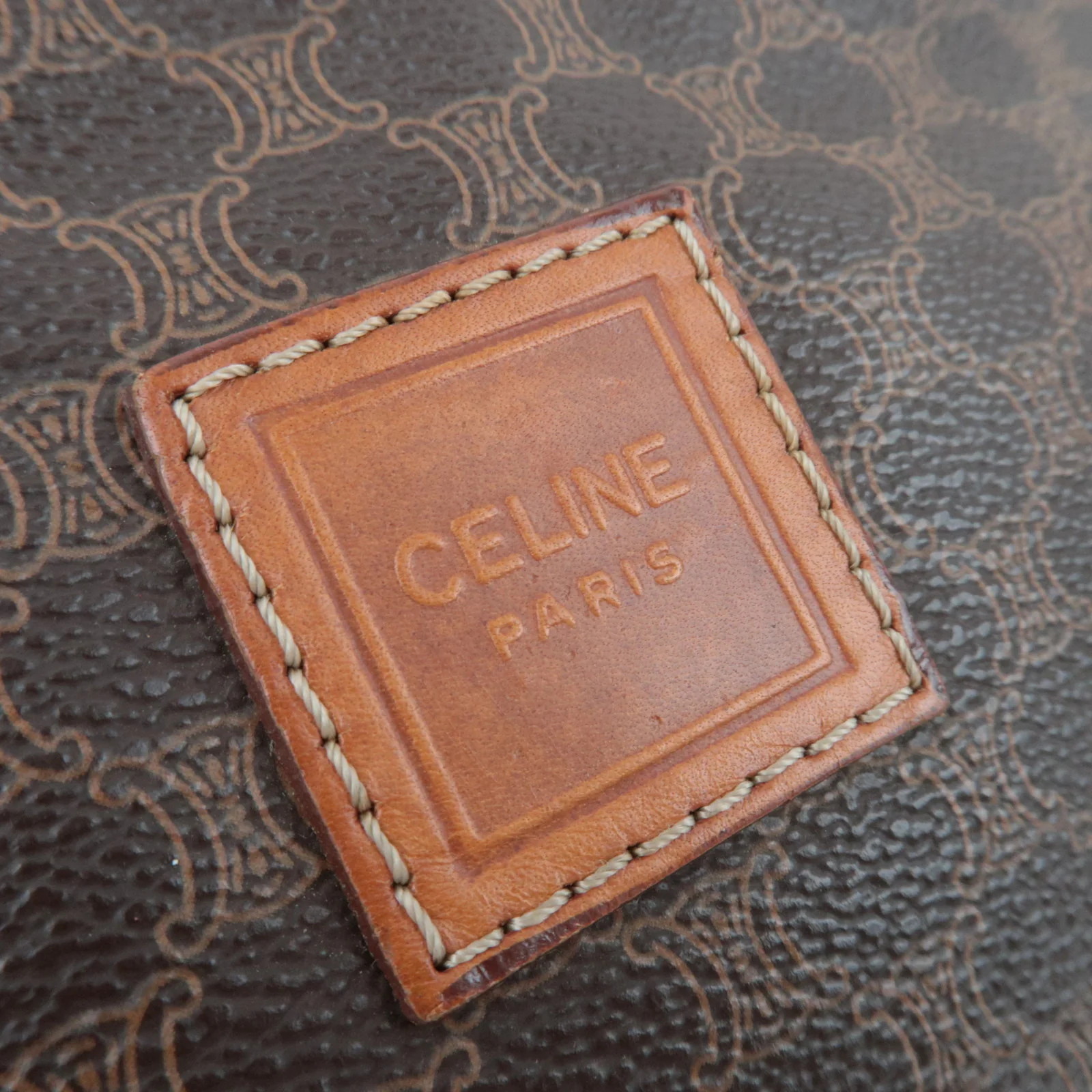 CELINE Macadam PVC Leather Cosmetic Pouch Brown Gold HDW Authentic