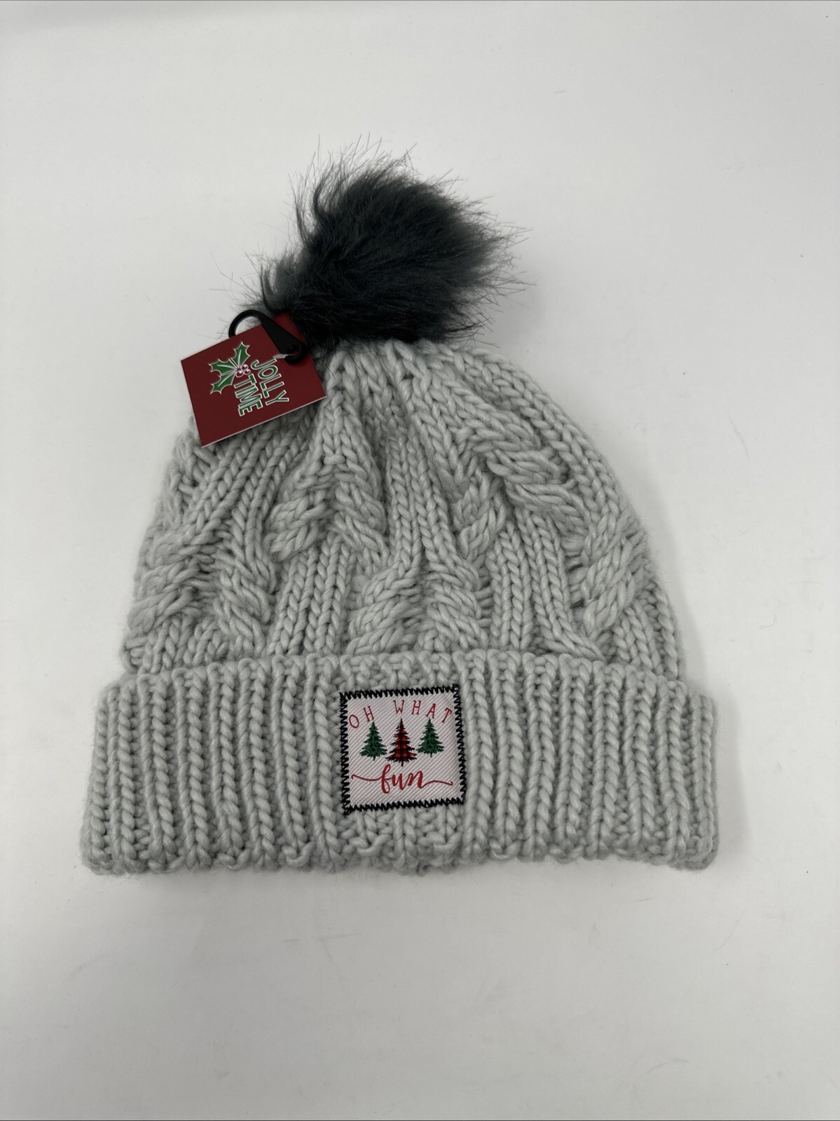 Christmas Tree Beanie Knit Pom Beanie Gray Knit – One Size Fits All Faux Fur