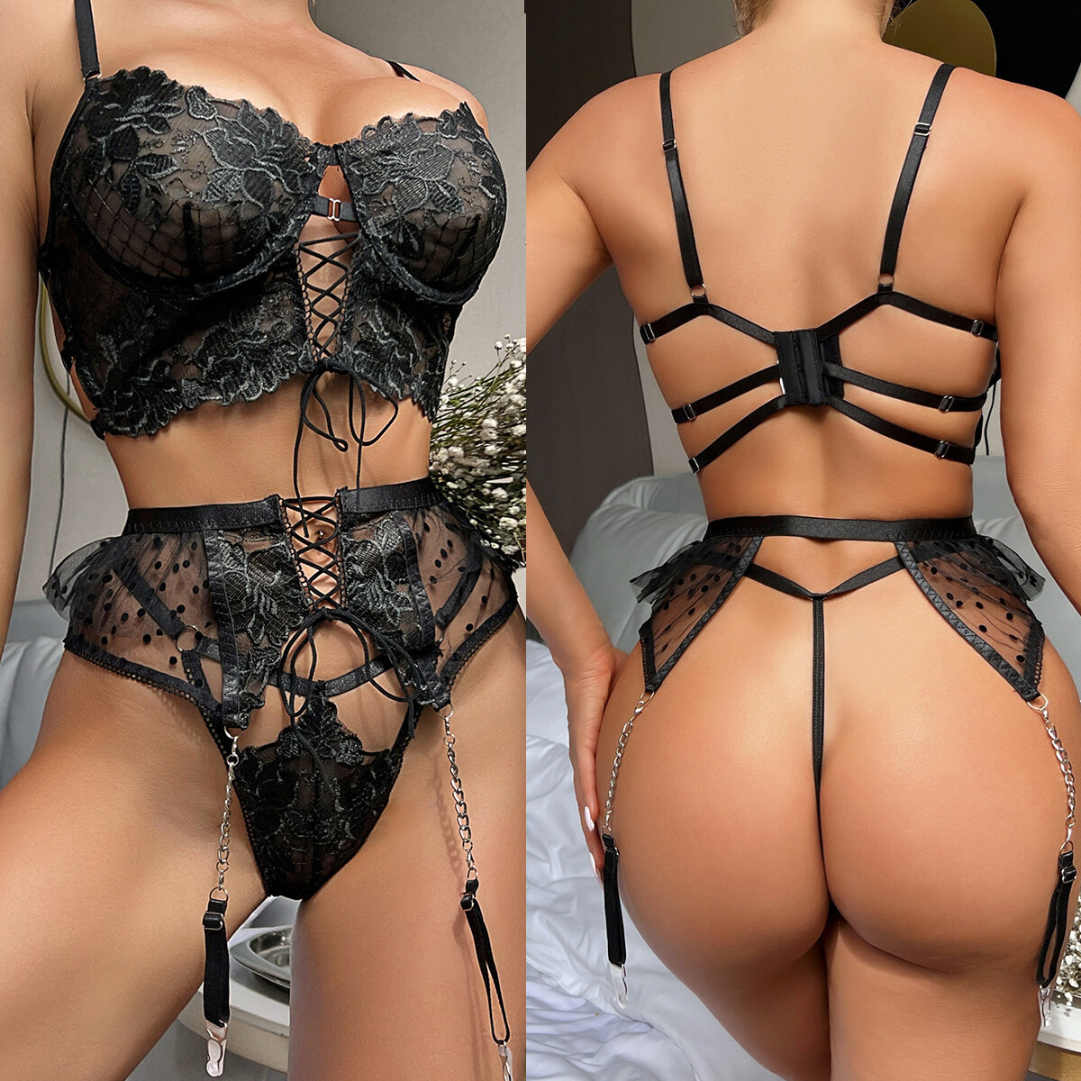 Sexy Women’s Lingerie Lace Underwear Bra Set Garter Babydoll Nightwear Sleepwear