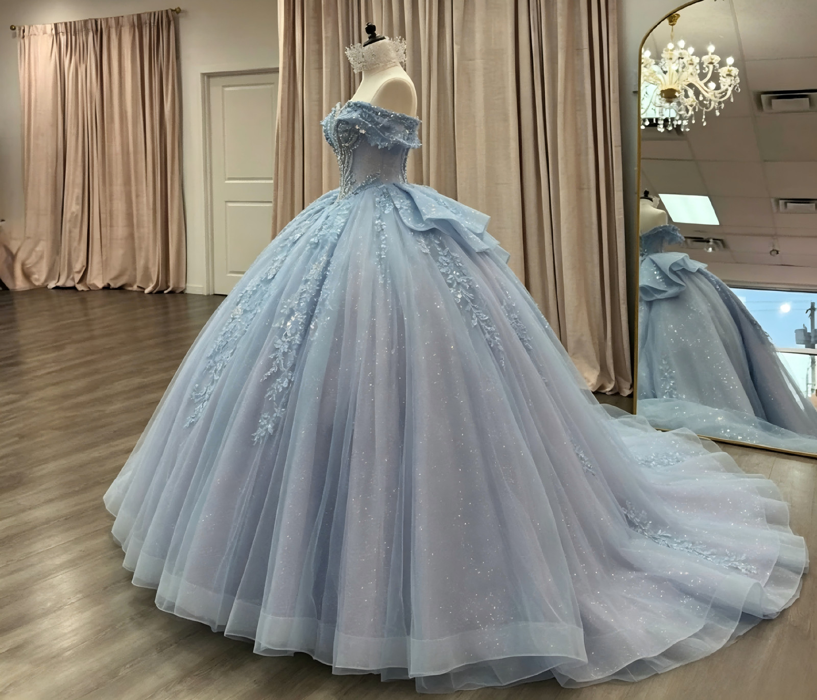 Light Blue 3D Floral Glitter Quinceanera Ball Gown Rhinestone Sweet 16 Dress