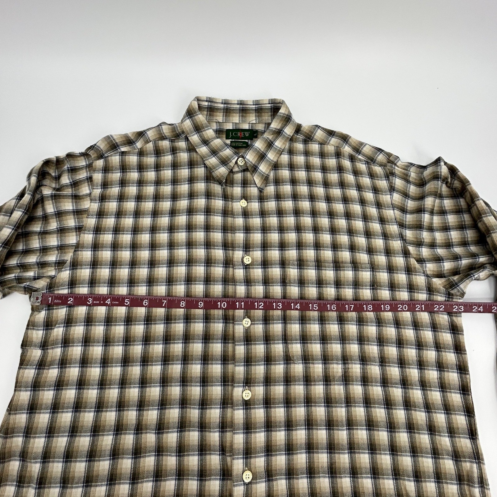 J. Crew Oarsman Shirt Men’s Large Beige White Plaid Long Sleeve Button Up