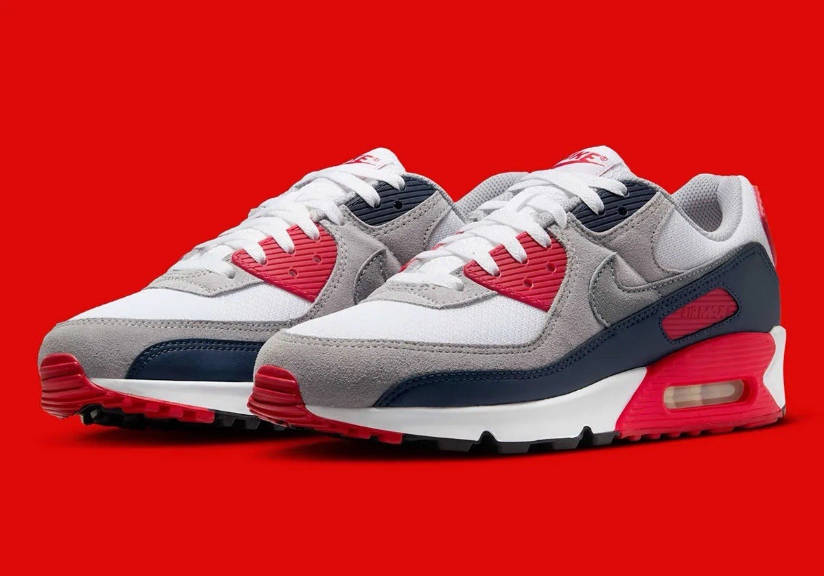 Nike Air Max 90 Cool Grey University Red USA Running Shoes DM0029-117 Men’s NEW