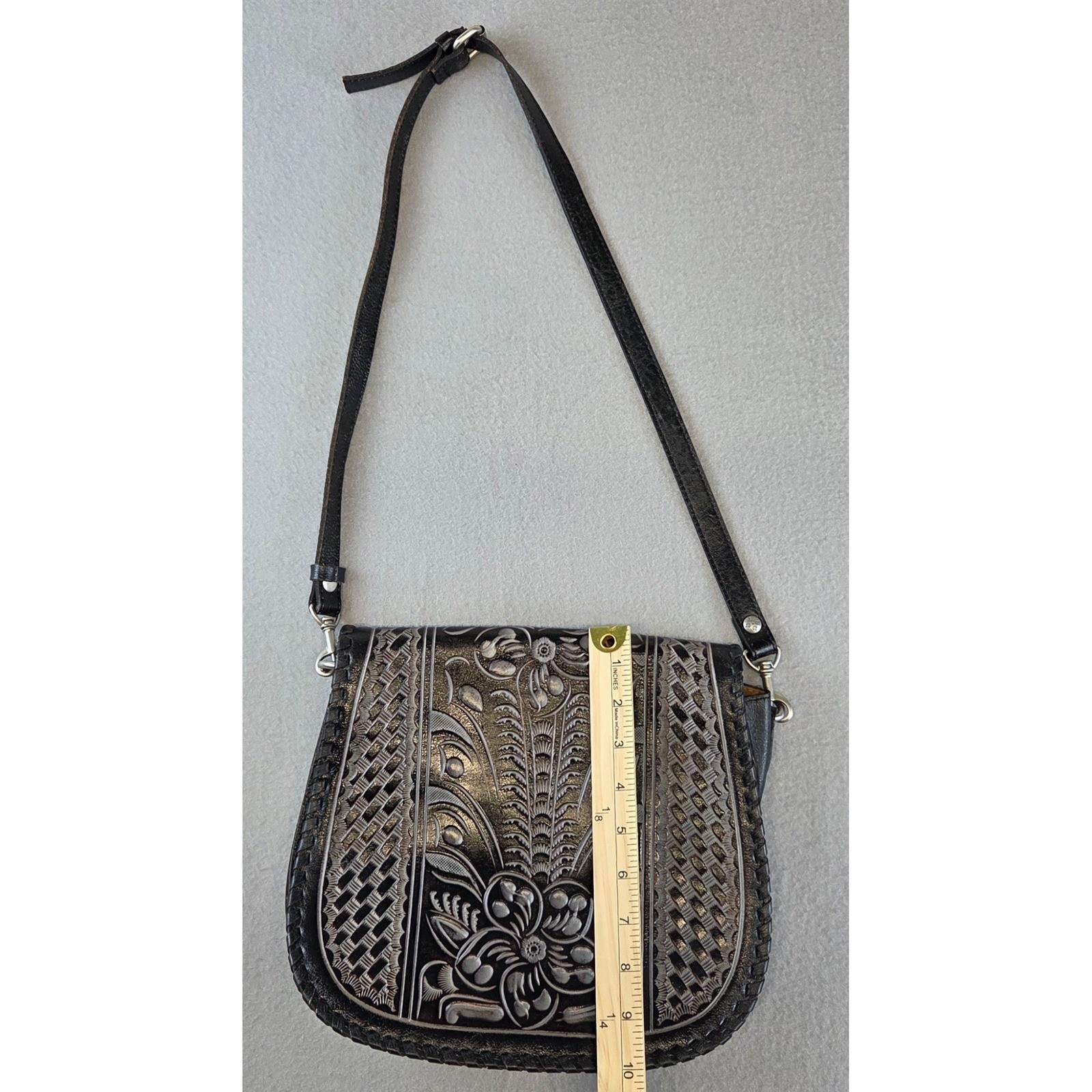 Patricia Nash Leather Crossbody Saddle Bag Embossed Silver Floral Boho Western