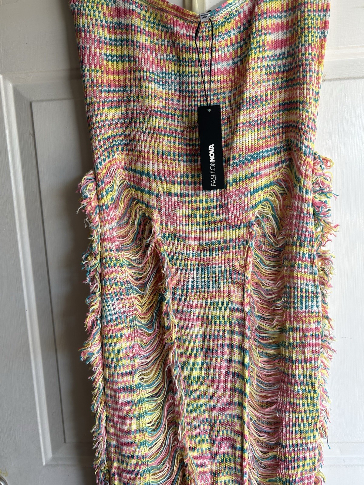 Fashion Nova Multicolor Nessa Knit Acrylic Fringe Maxi Square Neck L SD272