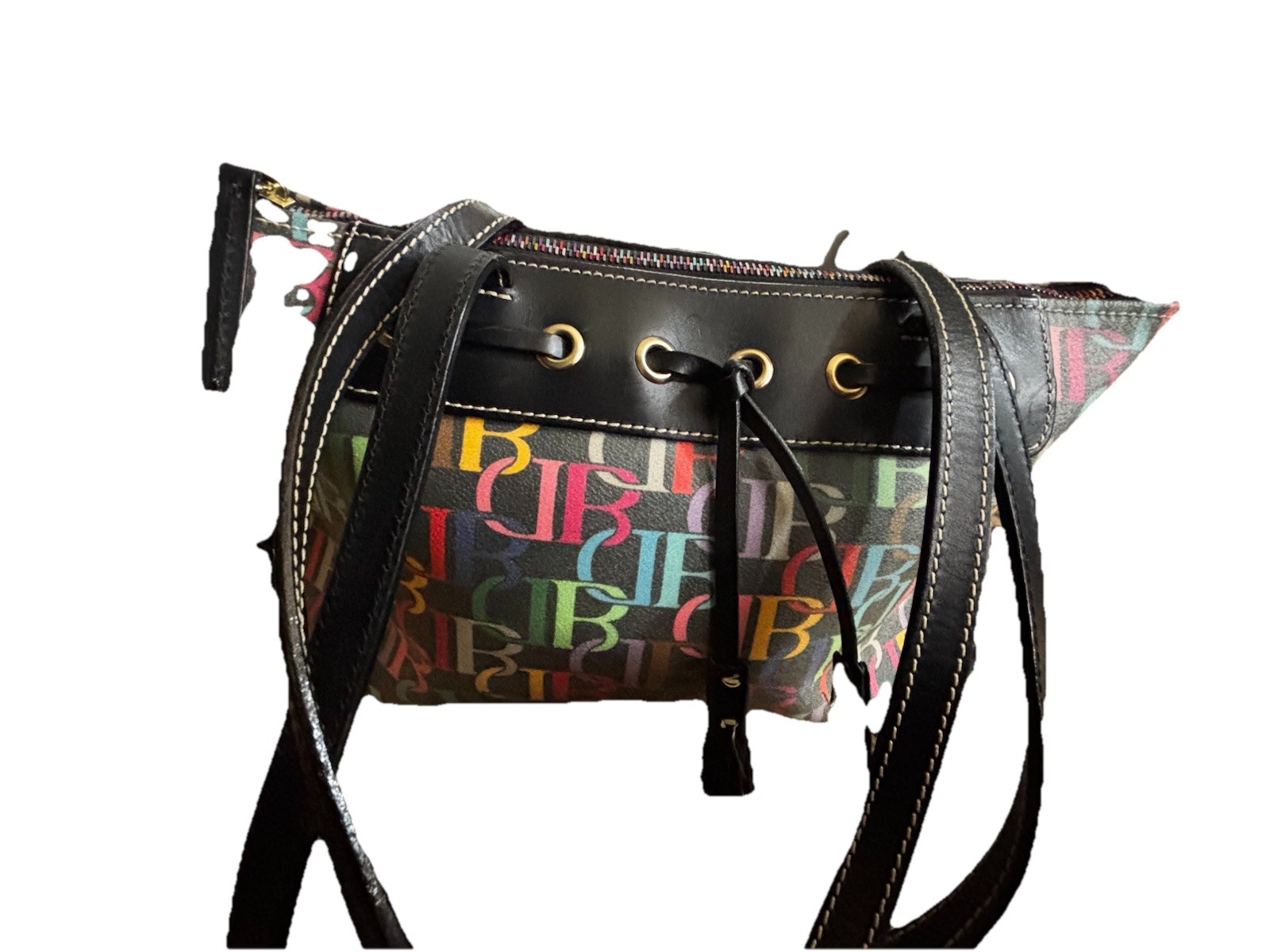 Dooney and Bourke Multi Color DB Monogram Black Canvas Tote Bag Heart Charm