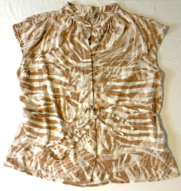 Worthington Tan Zebra Print Sleeveless Blouse Drape Neck Tie Waist XL #0002