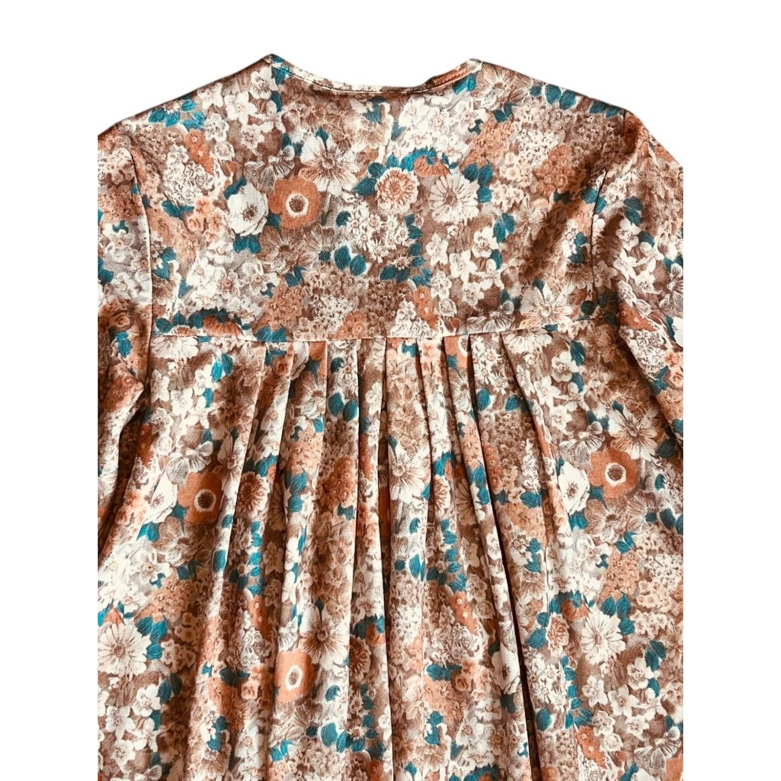 Vintage 70s Bob Simmons Women’s Sz S Tan Floral Ruffle Dress Midi Long Sleeves