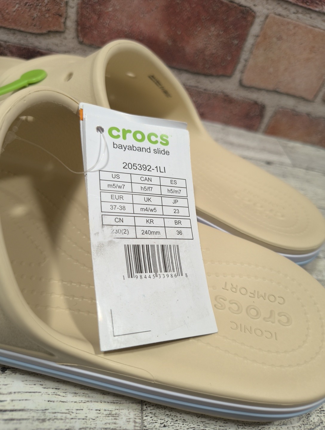 Crocs Bayaband Beige Raised Crocs Logo Unisex Slides Size M5/W7 205392-1LI NWT