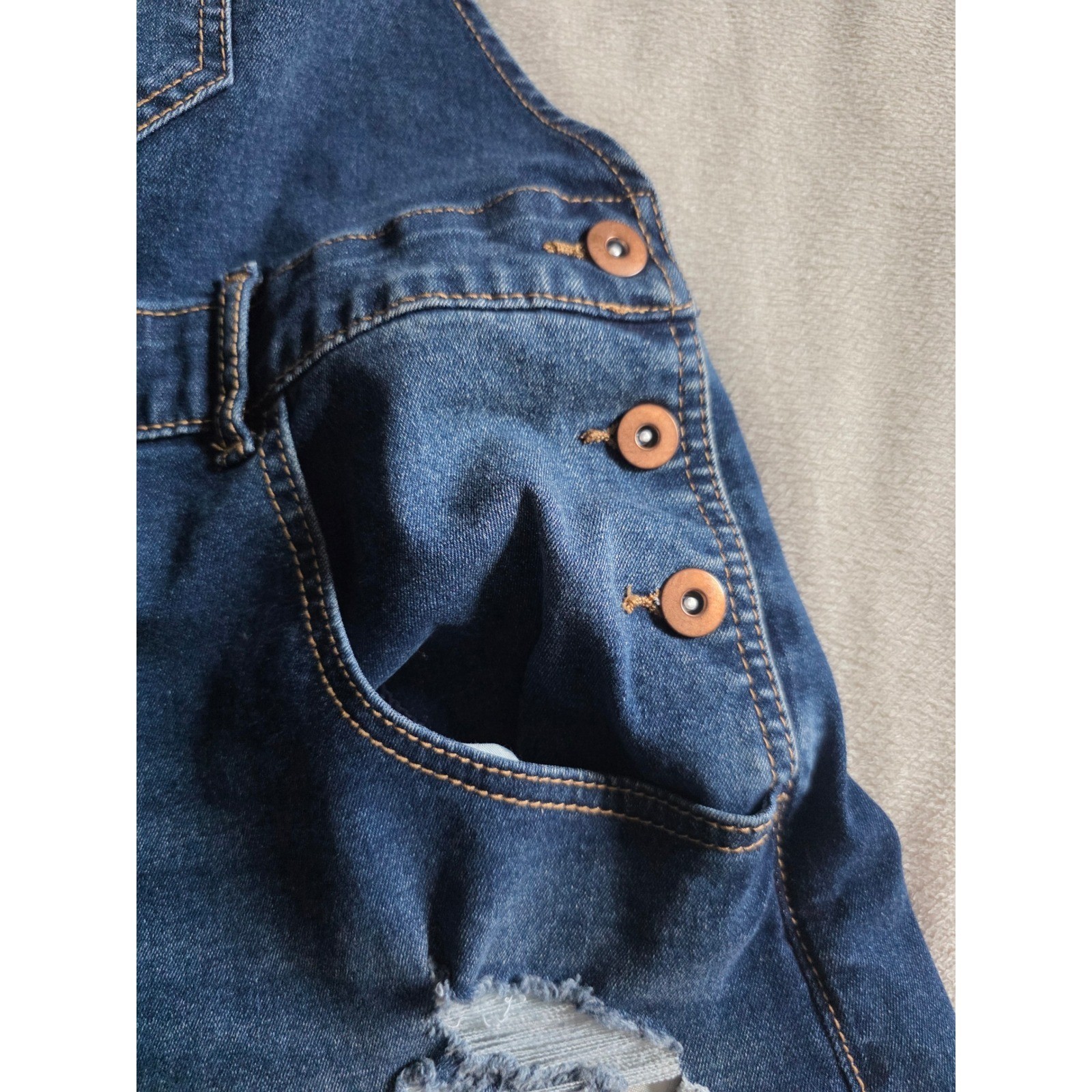 Womens Distressed Denim Shortalls Medium Wash Cuffed Jean Overalls