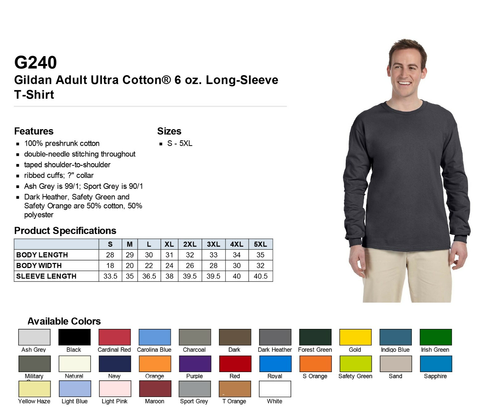 Gildan Ultra Cotton Mens Crewneck Long Sleeve T-Shirt S-5XL 2400 G240