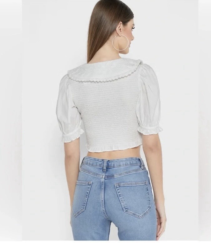 Miss Selfridge White 100% Cotton Embroidered Peter Pan Collar Puff Sleeve Blouse