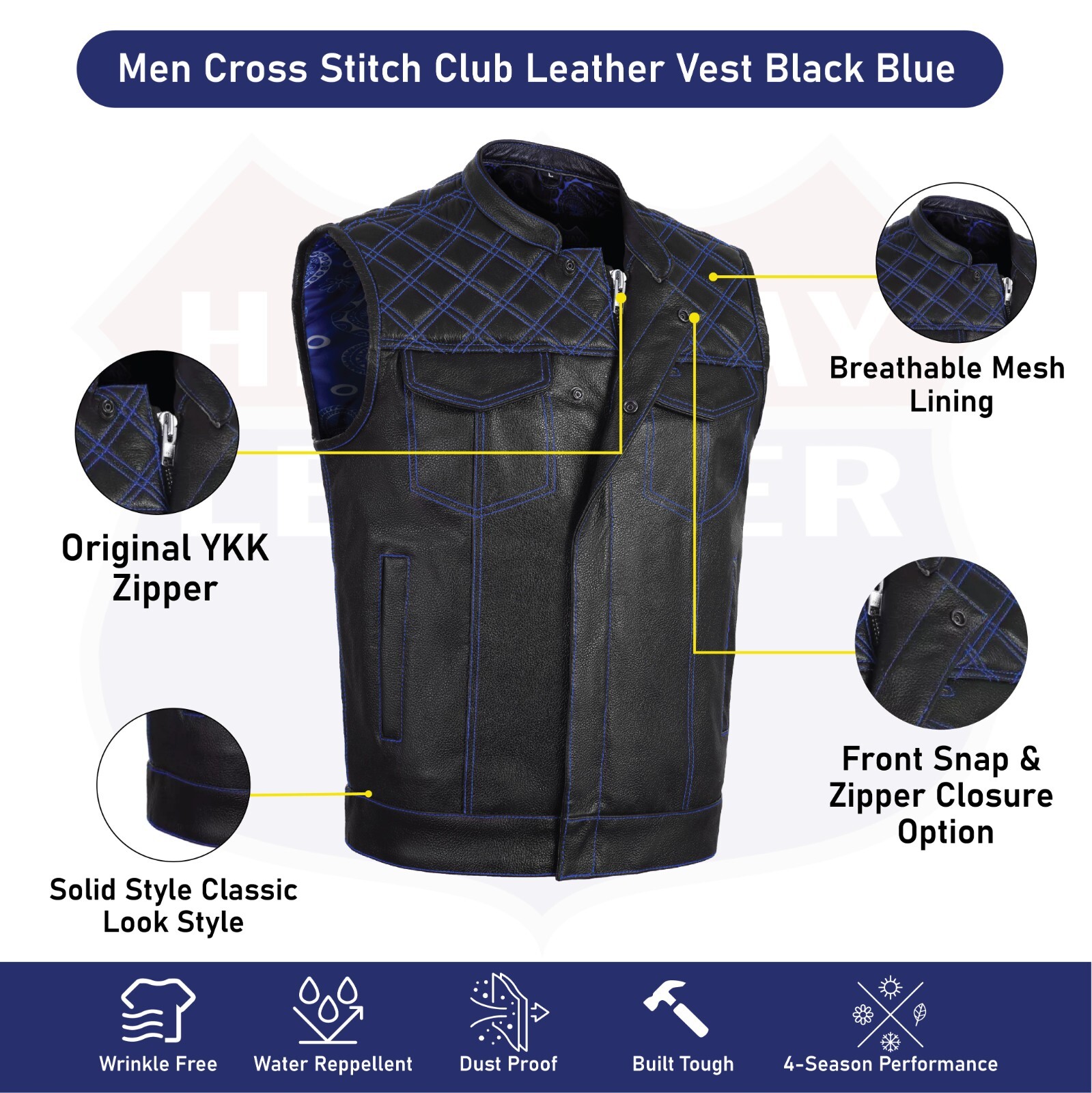 BLUE HL11693SPTBLUE Black Men Cross Stitch Club Leather Vest