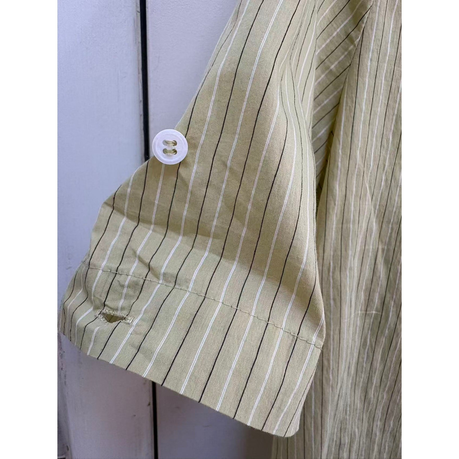 Women Blouse Green White Striped Peter Pan Collar Short Sleeve Retro Medium