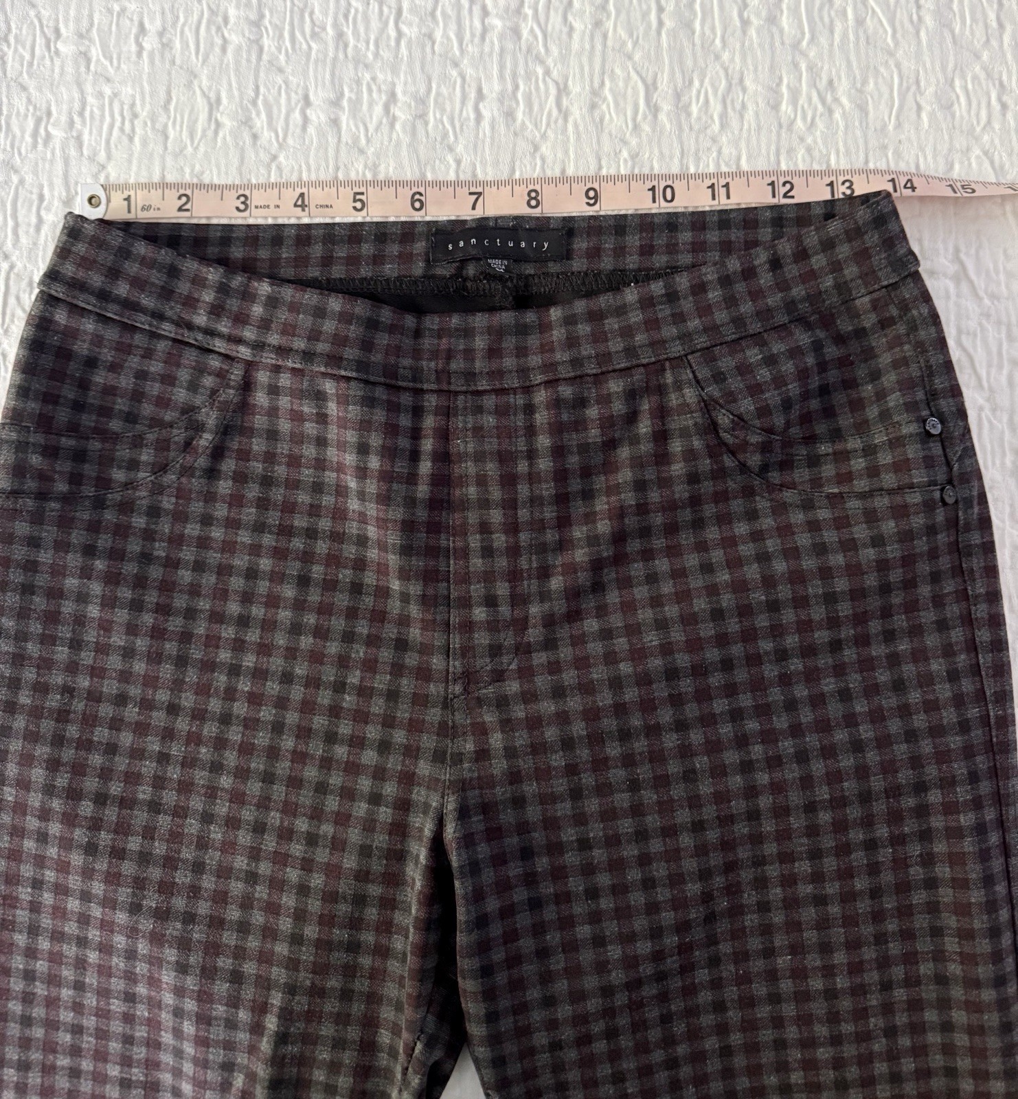 Sanctuary Pull On Skinny Pants Gray Black Burgundy Checkered Plaid M 27 x 28
