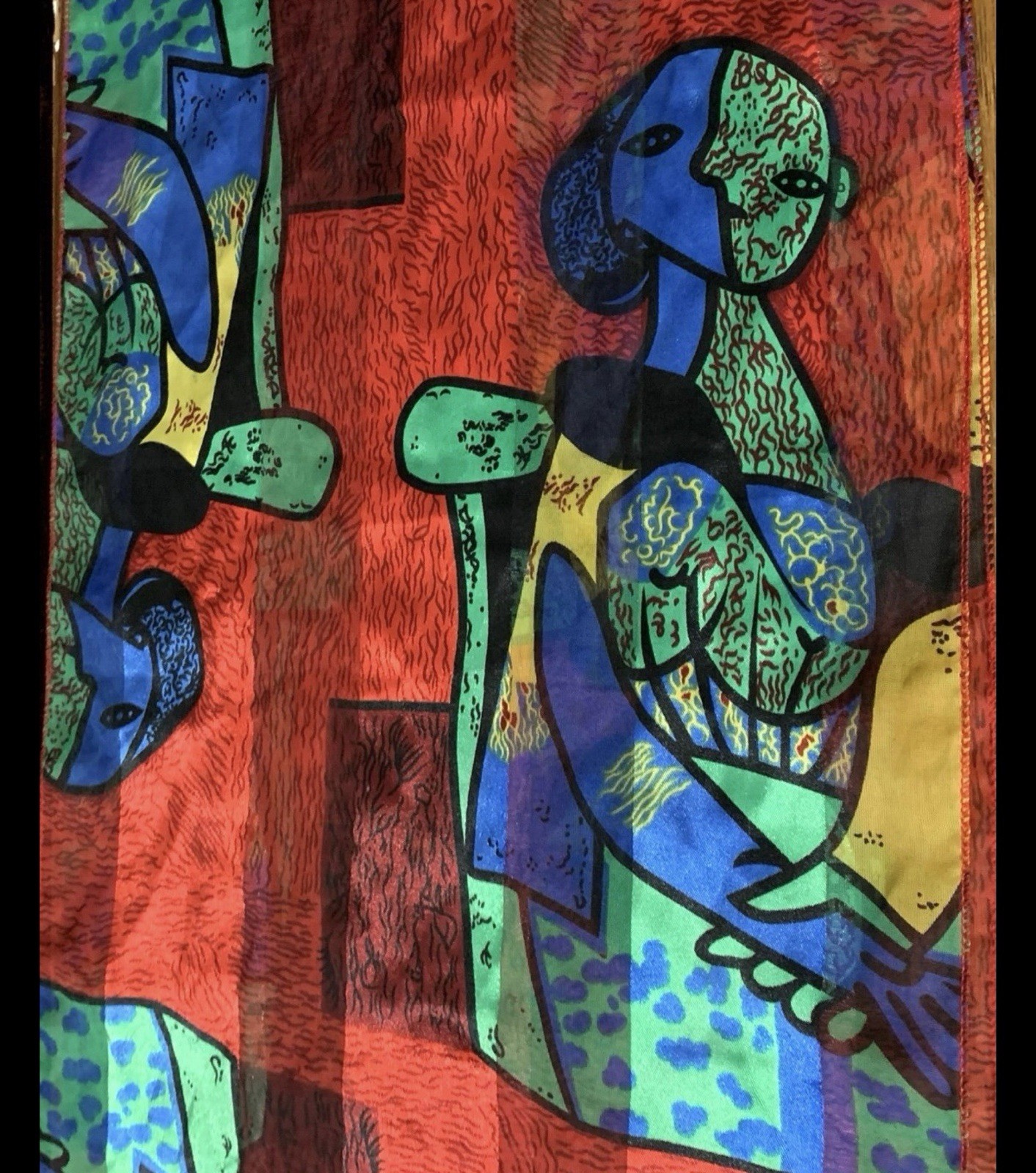 13.5″x60″ Picasso STYLE RED MULTICOLOR POLYESTER HANDROLLED SCARF SHAWL WRAP