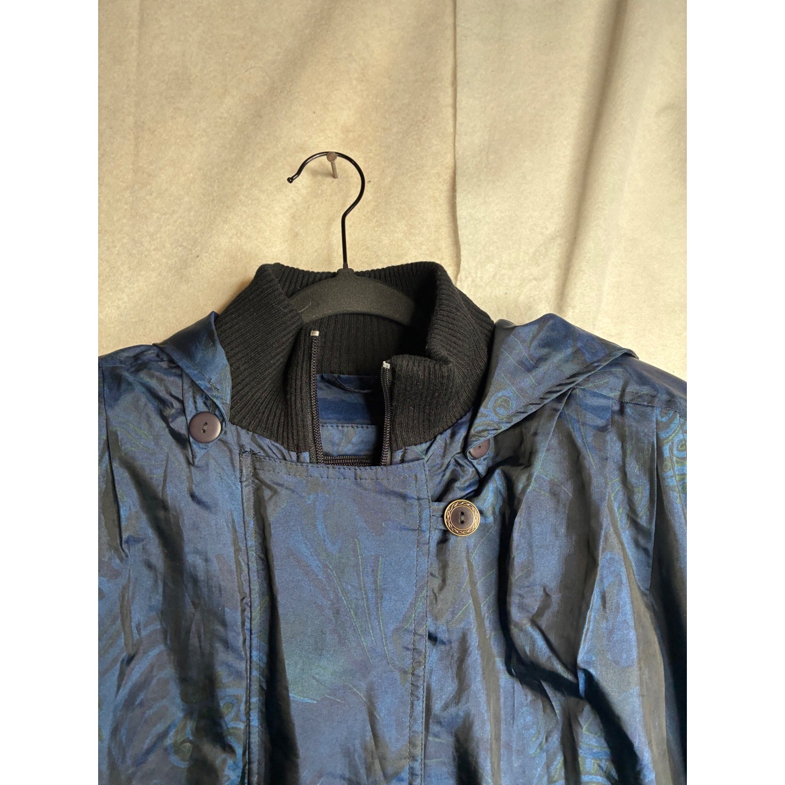 Monica Gray Vintage Blue Paisley Iridescent Hooded Parka Jacket Womens Medium