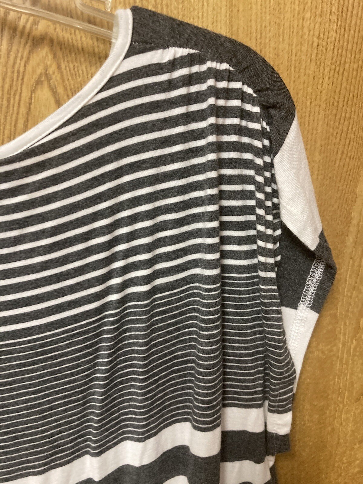 Blue Sacs Fifth Avenue Grey White Striped Cross Over Open Back knit top L 10 12