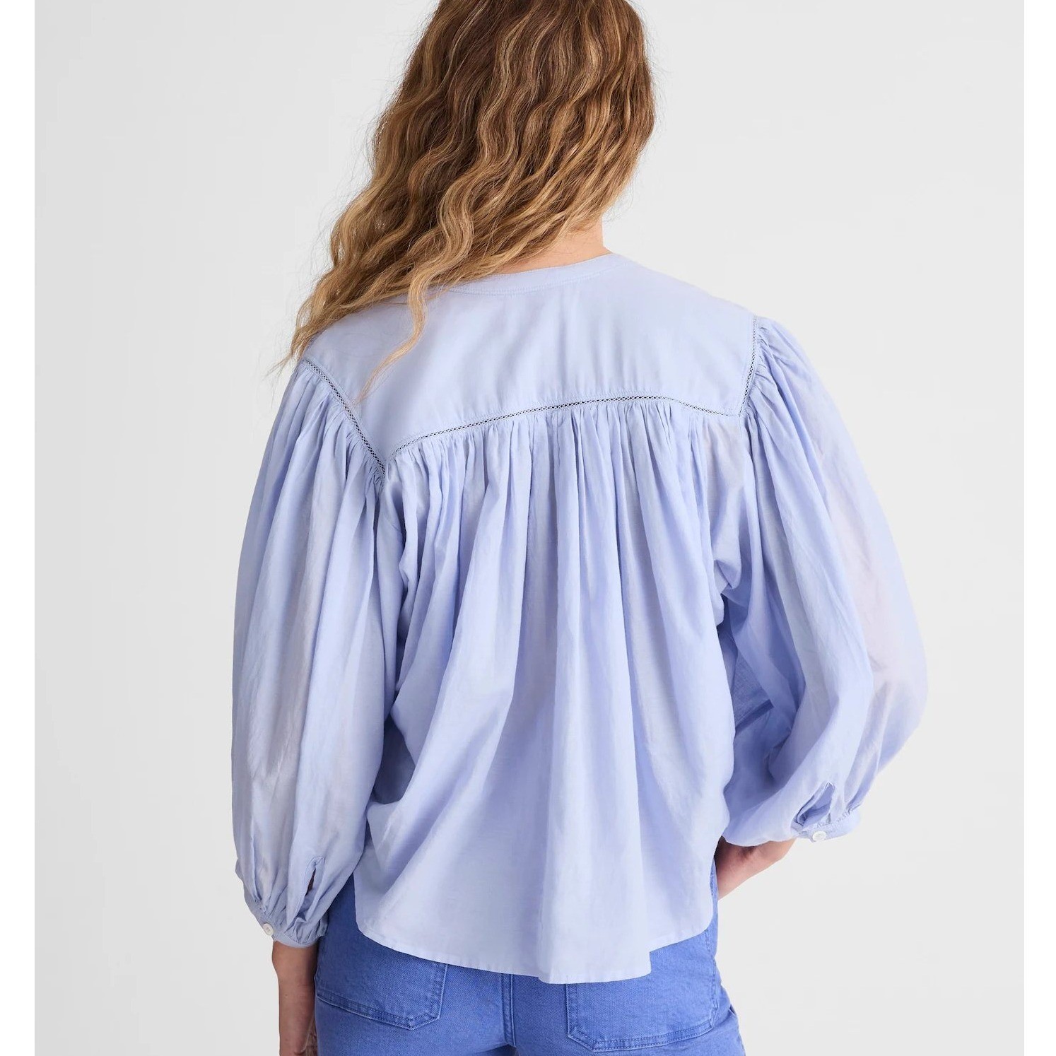NWT Madewell Shirred Crewneck Button-Up Top Tranquil Blue Extra Small