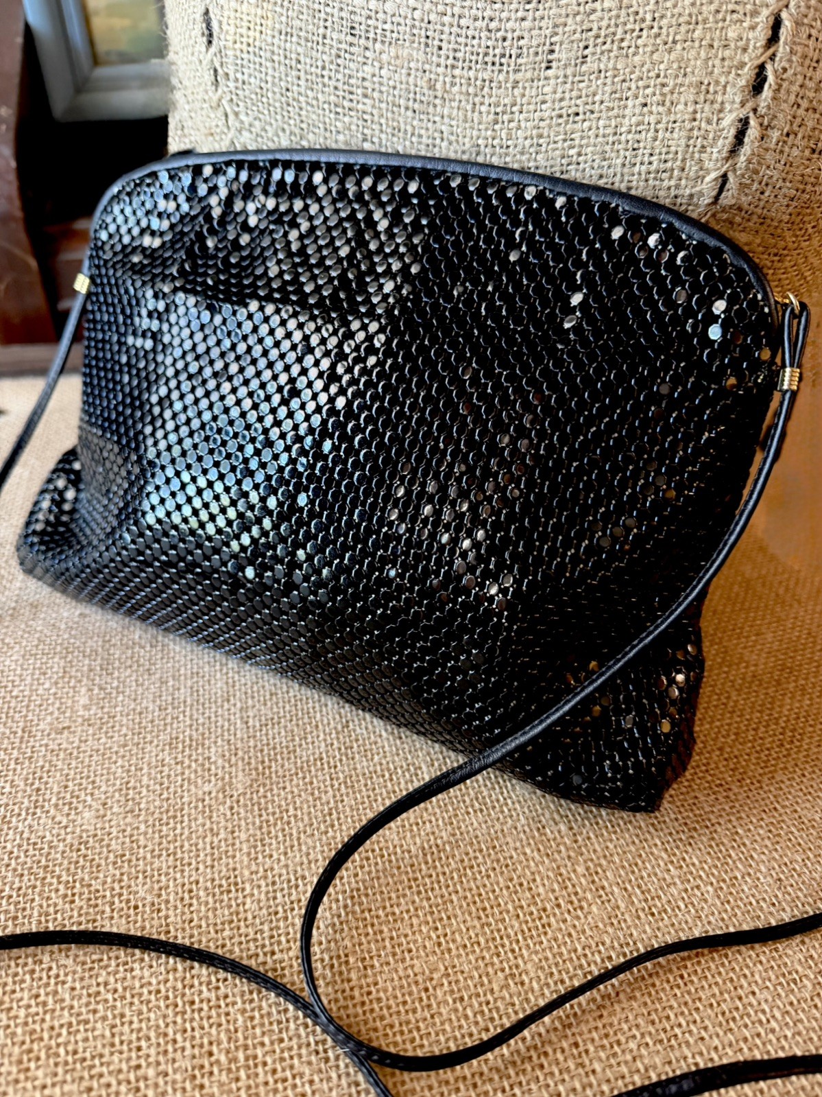 Vintage WHITING AND DAVIS Black Metal Mesh Crossbody Bag Evening Clutch Purse