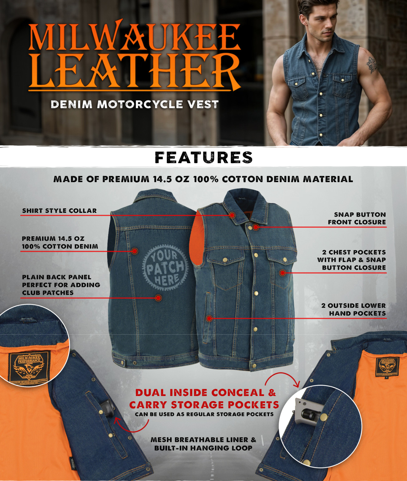 Milwaukee Leather Men’s Snap Front Motorcycle Denim Vest W/ Shirt Collar -DM1331