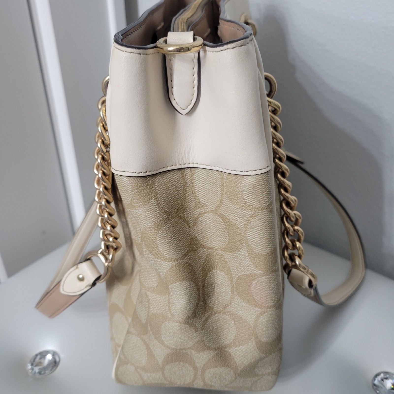 COACH Cammie C8152 Beige Signature Canvas & Cream Leather Chain Shoulder Bag