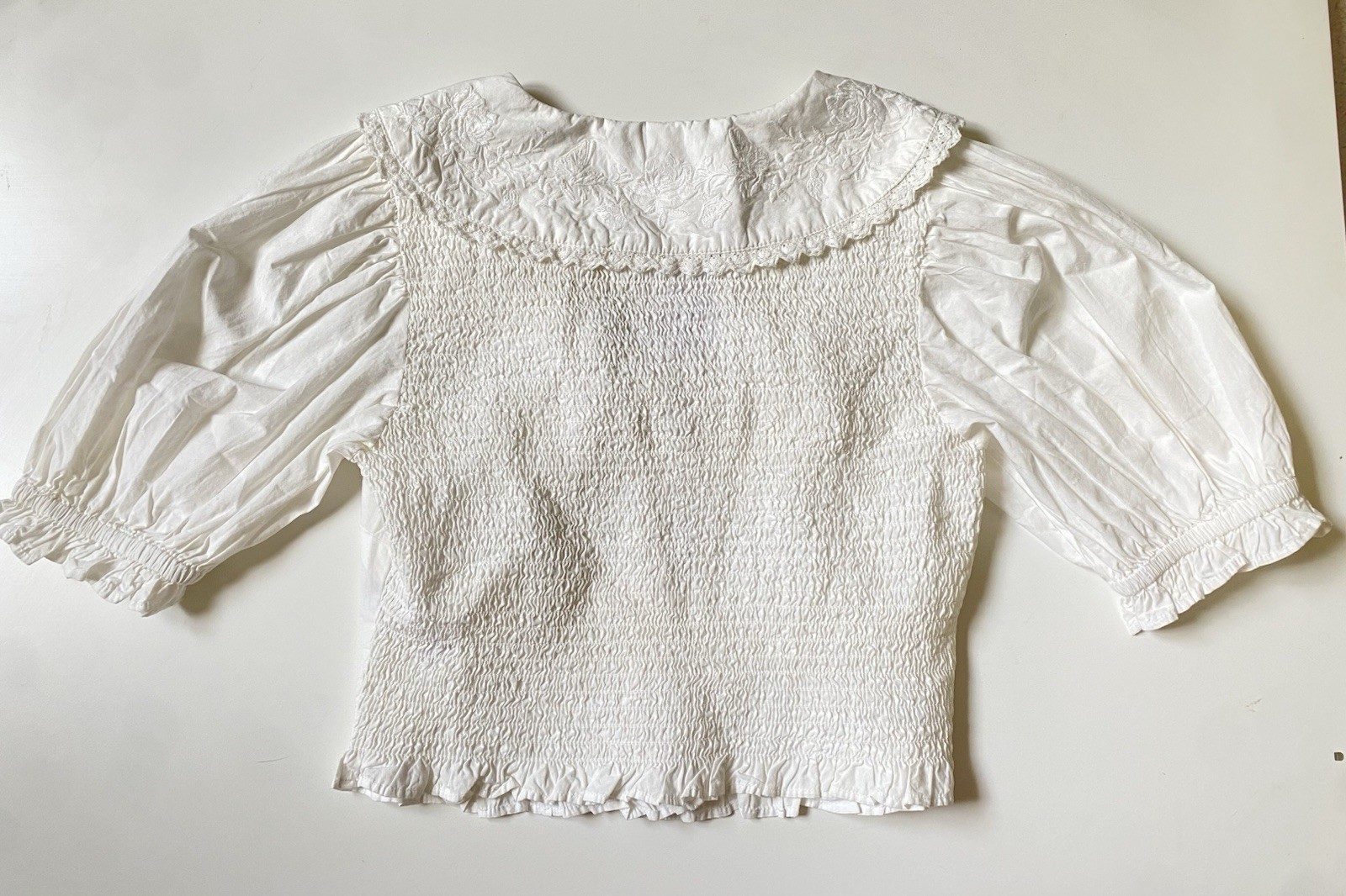Miss Selfridge White 100% Cotton Embroidered Peter Pan Collar Puff Sleeve Blouse