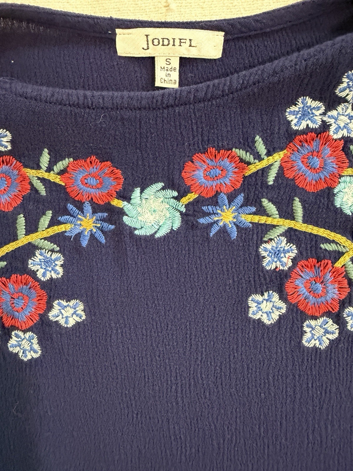 Jodifl Navy Blue Embroidered Floral Boho Peasant Blouse Top Small