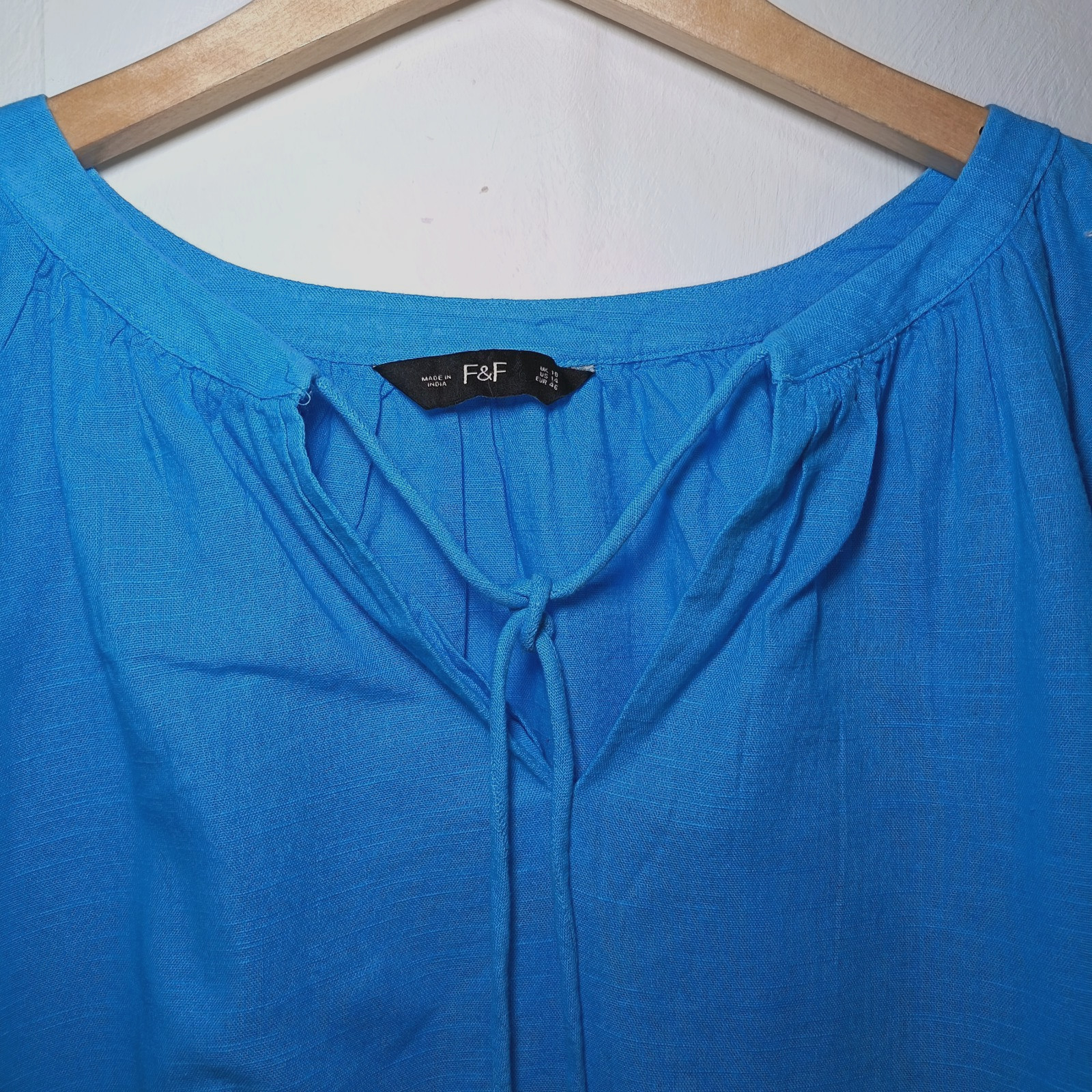F&F Womens Top Blue Size UK 18 100% Cotton Embroidered Boho Lagenlook Tassel