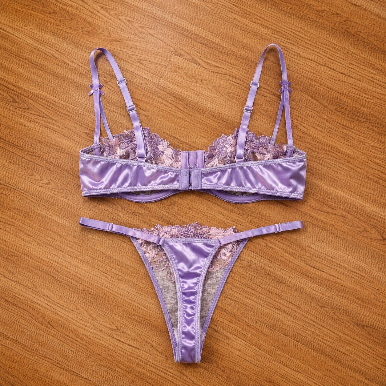 Purple Floral Lace Lingerie Set Women’s Bra & Thong Satin Sheer Embroidery XL