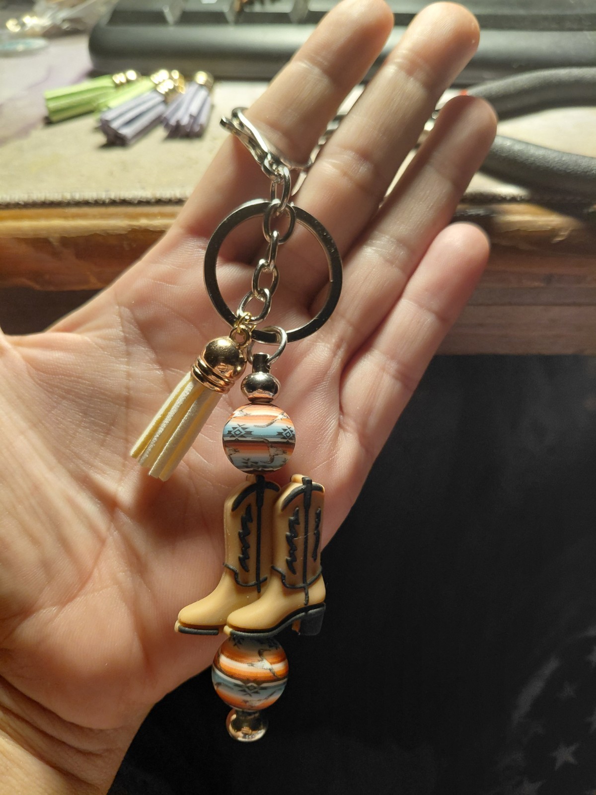 Western Cowboy Boot Charm Key Chain Keyring, Beaded Tassel, Gold Multicolor