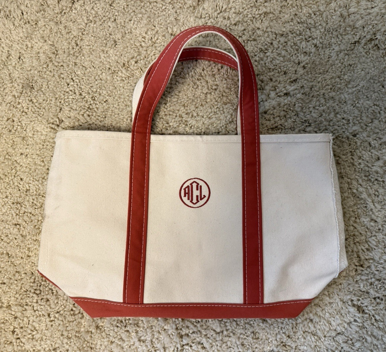 L.L.Bean Women’s Tote Bag White/Red Solid Open Top Double Handles Monogram