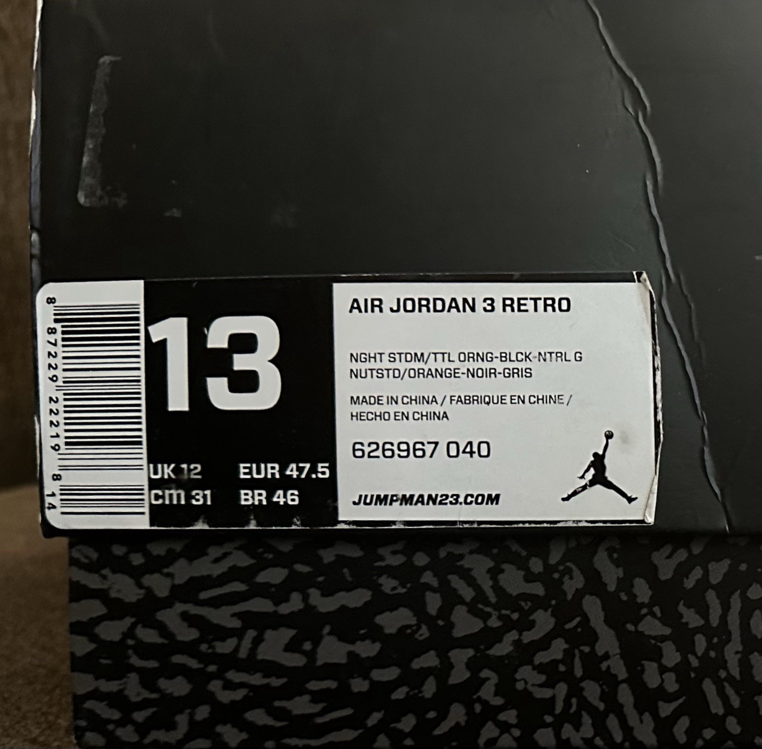 Jordan Air Jordan 3 Retro Fear Pack 2013 Black Gray Orange 626967-040